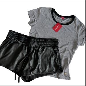 Guess Black and White Striped Top with faux leather like shorts.